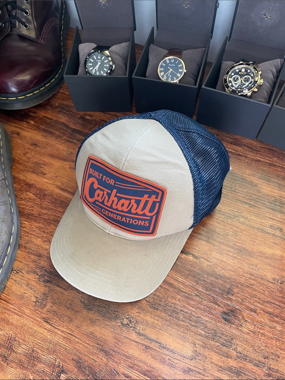Carhartt Two-Tone Trucker Cap - Khaki and Navy with Orange Patch